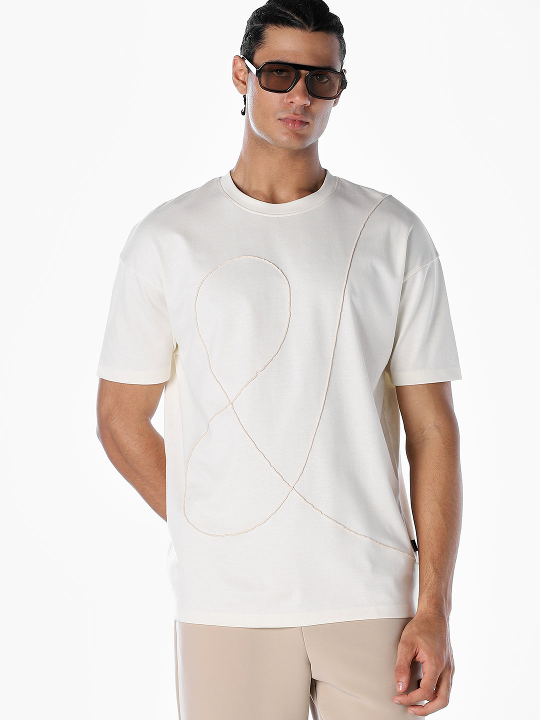 Textured Stitch Detail Oversized T-shirt - White - XL
