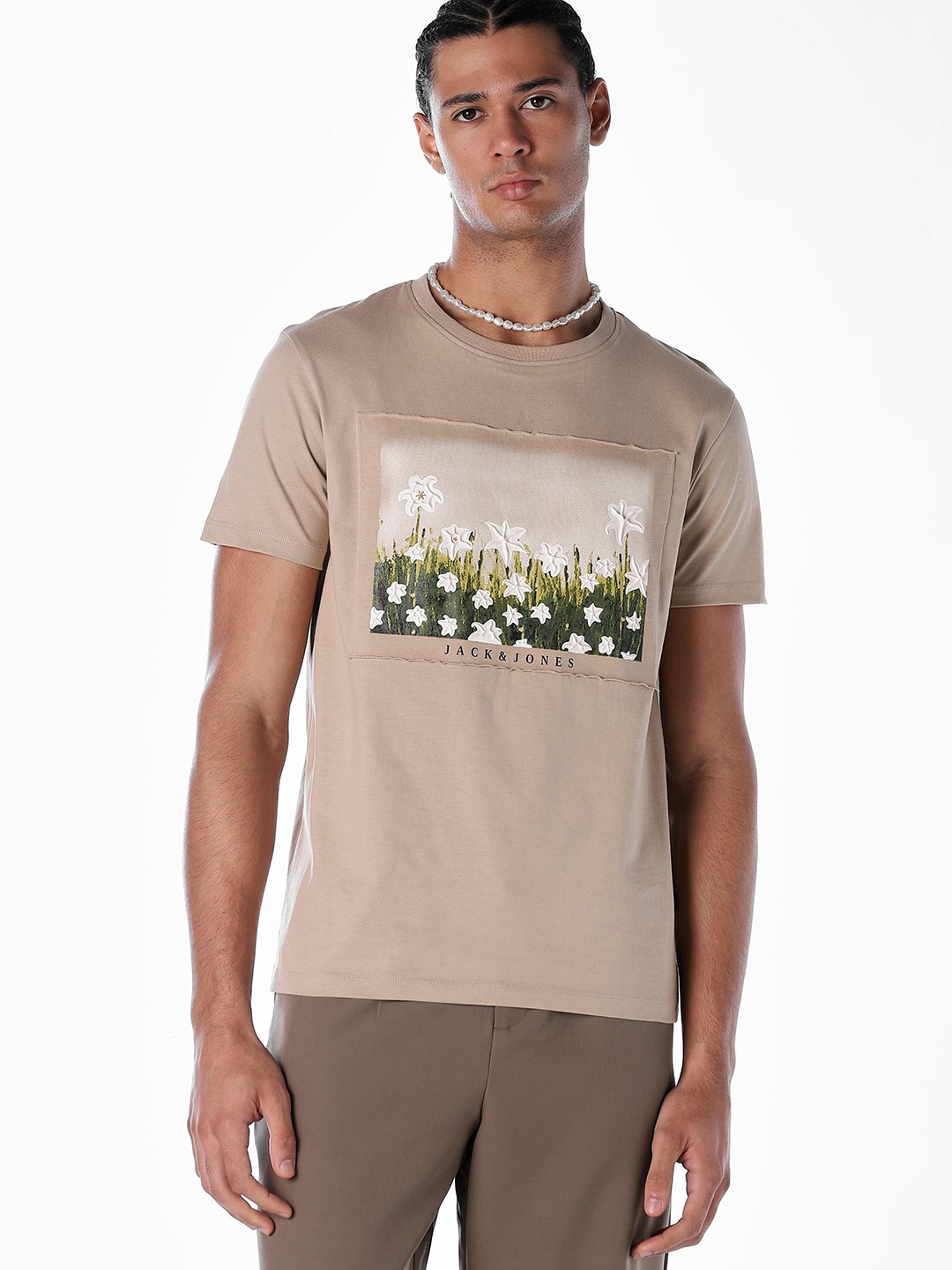 Beige Printed Cotton T-shirt