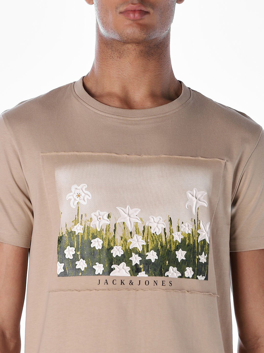 Beige Printed Cotton T-shirt