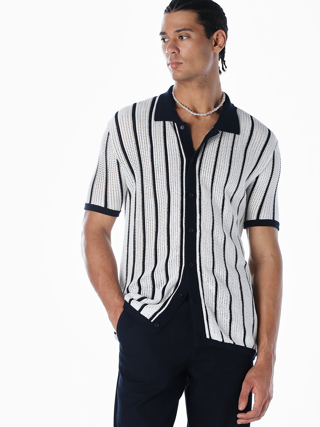 Jacquard Front Open Knit Polo