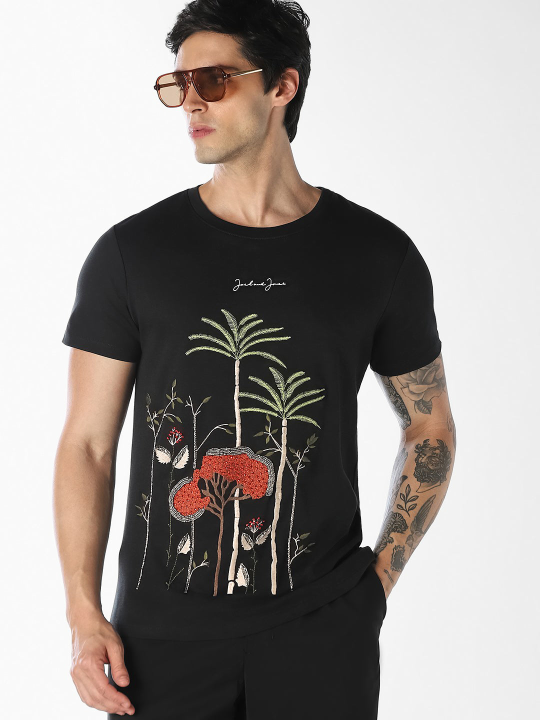 Black Embellished Print T-shirt