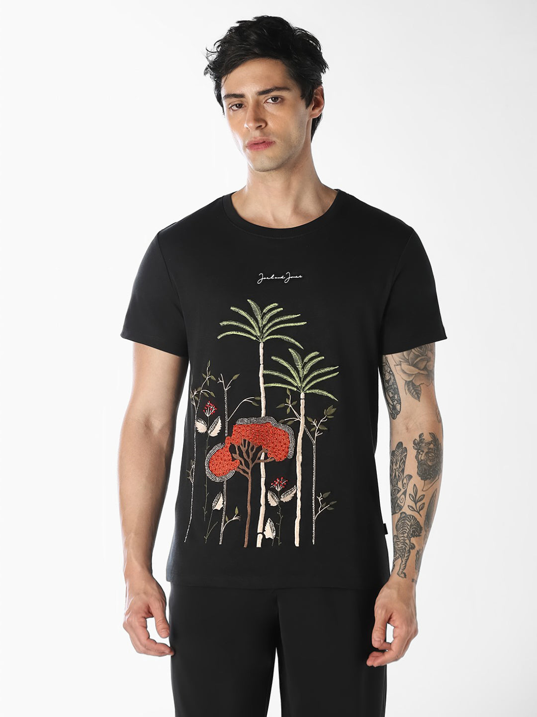 Black Embellished Print T-shirt