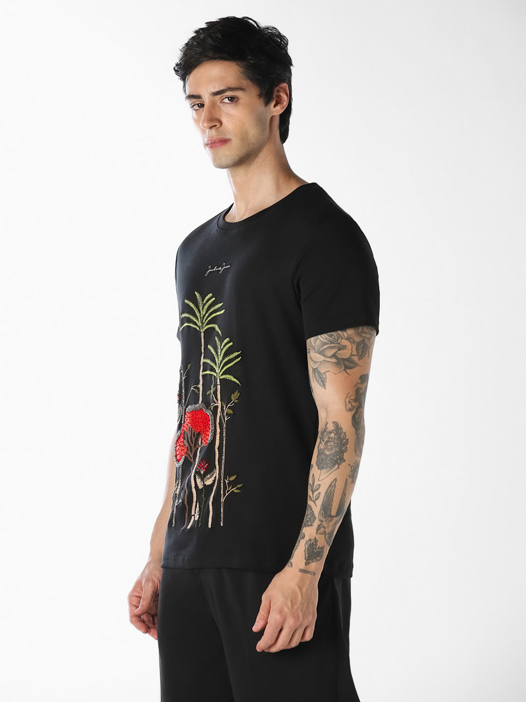 Black Embellished Print T-shirt
