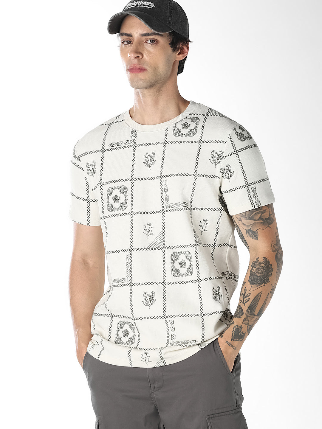 Grid Print Cotton T-shirt