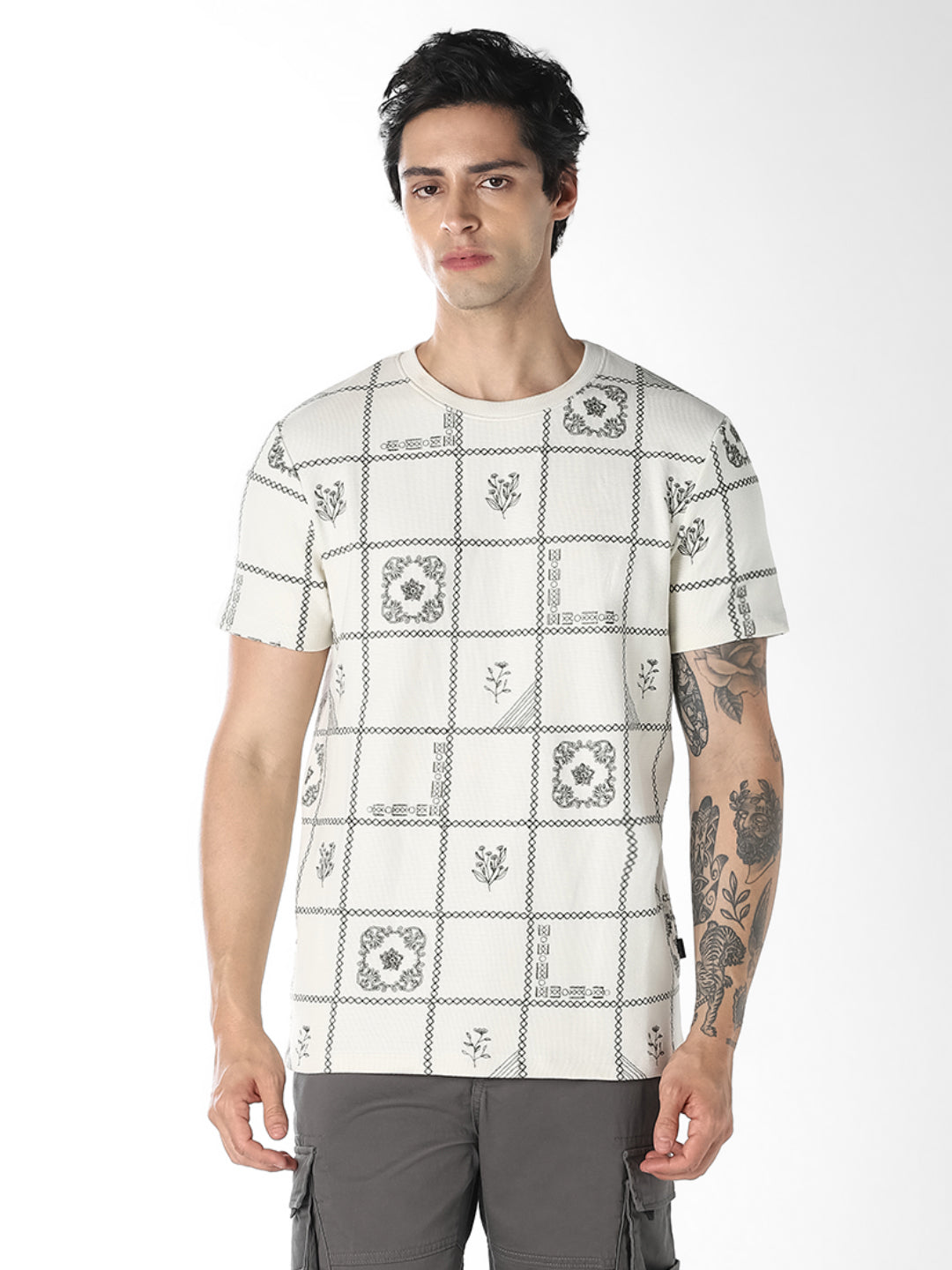 Grid Print Cotton T-shirt