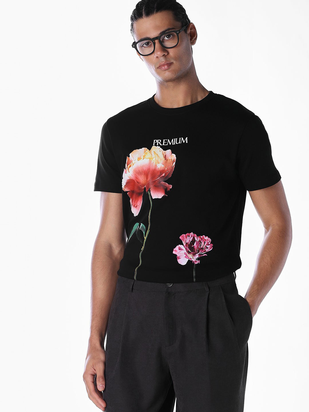 Black Floral Placement Print T-shirt