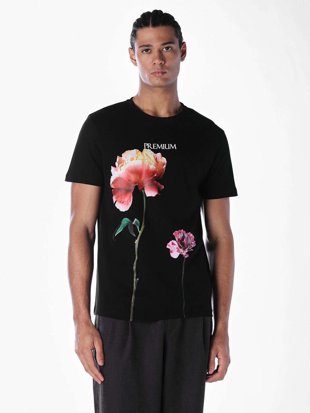 Black Floral Placement Print T-shirt