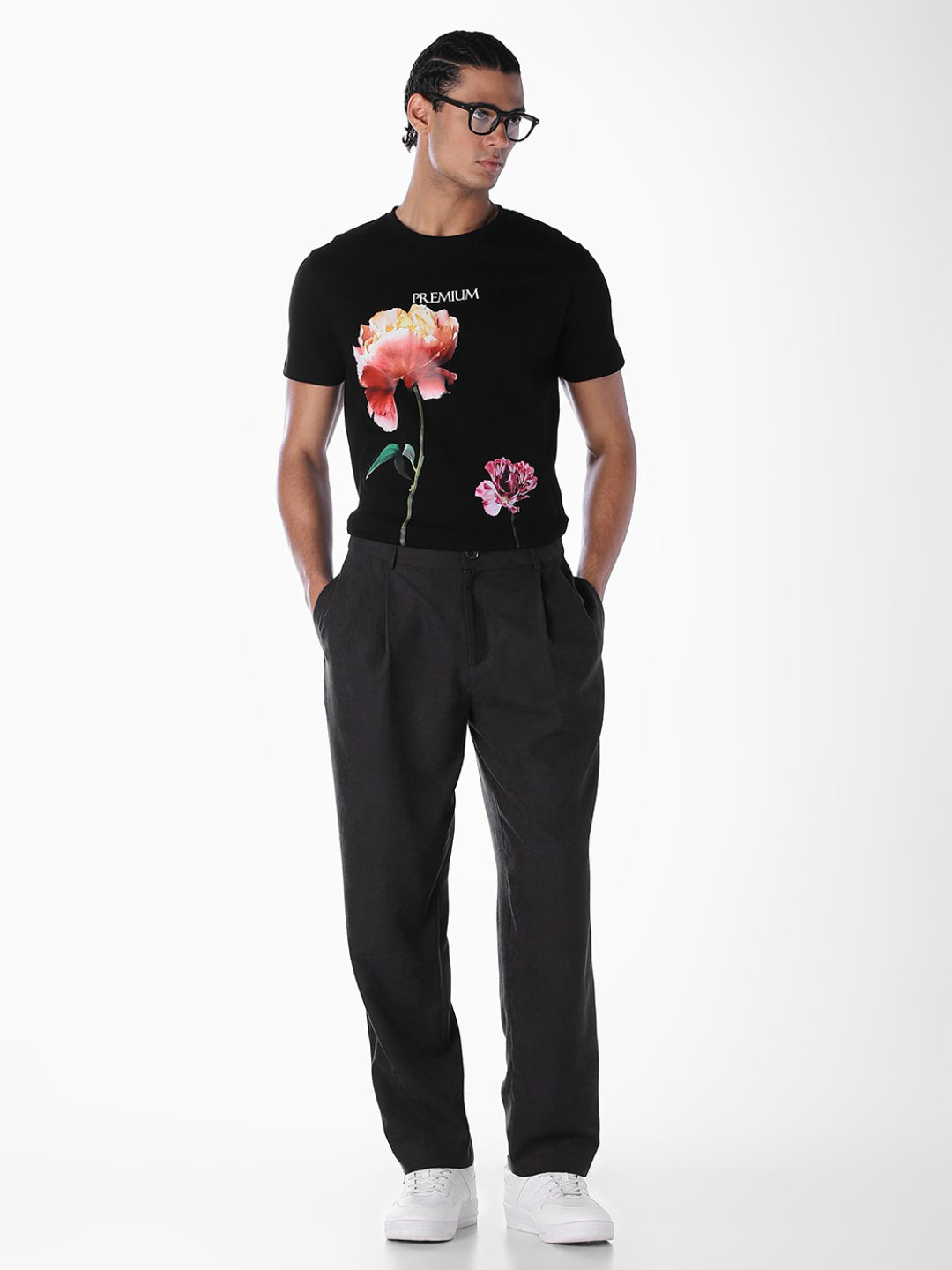 Black Floral Placement Print T-shirt