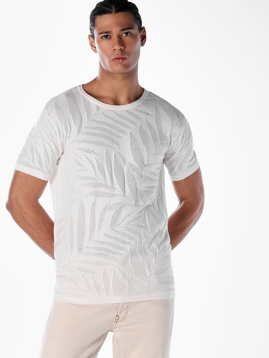 Jacquard Crew Neck Cotton T-shirt - White - M