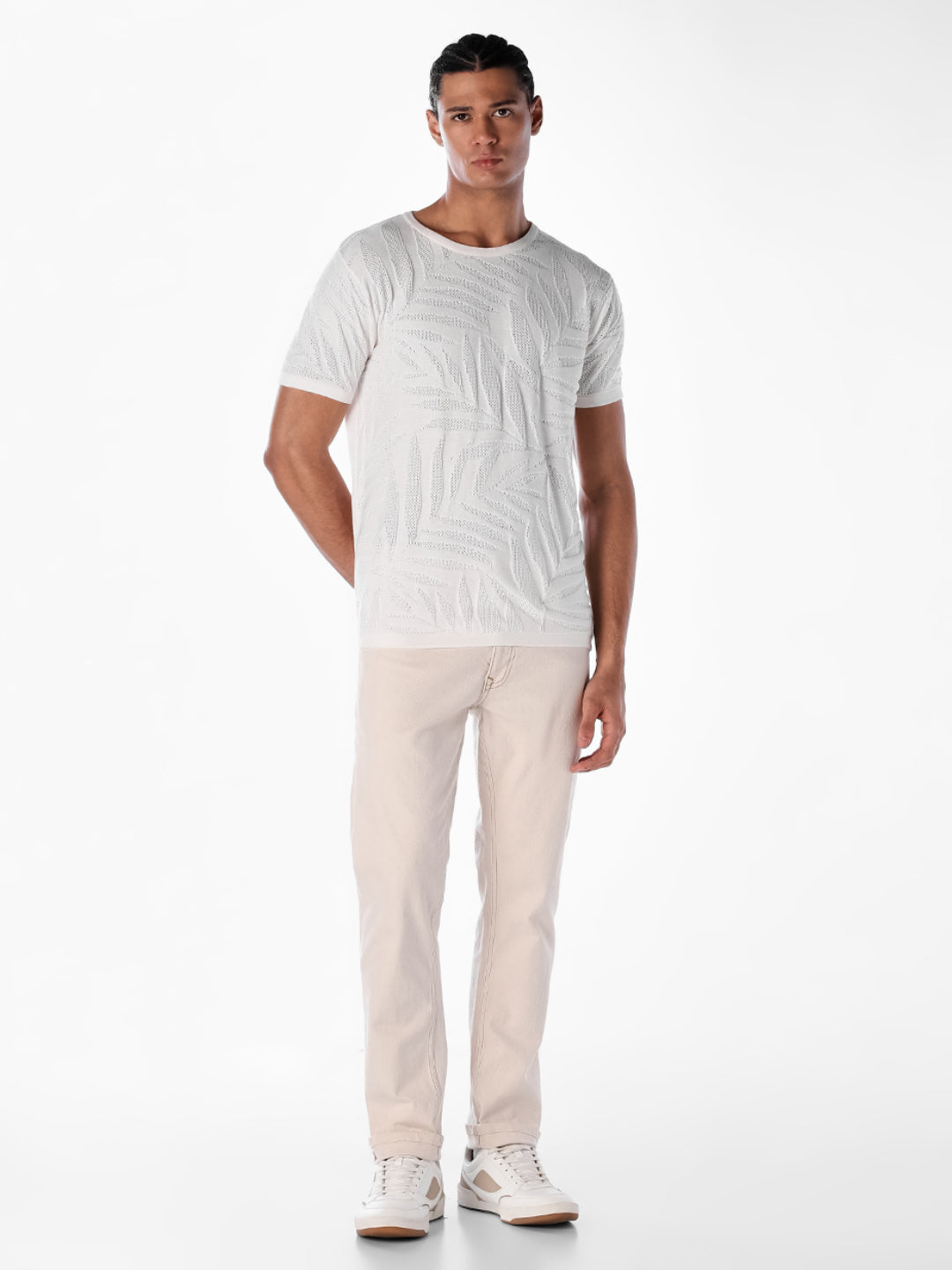 Jacquard Crew Neck Cotton T-shirt - White