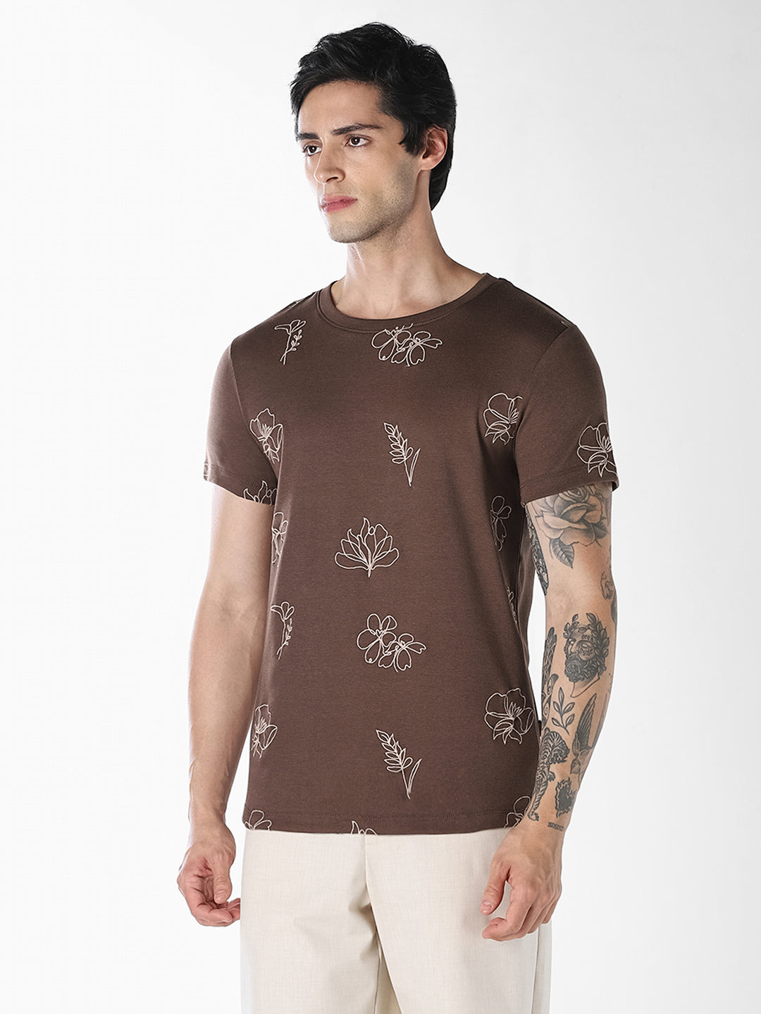 Brown Embroidered Cotton T-shirt