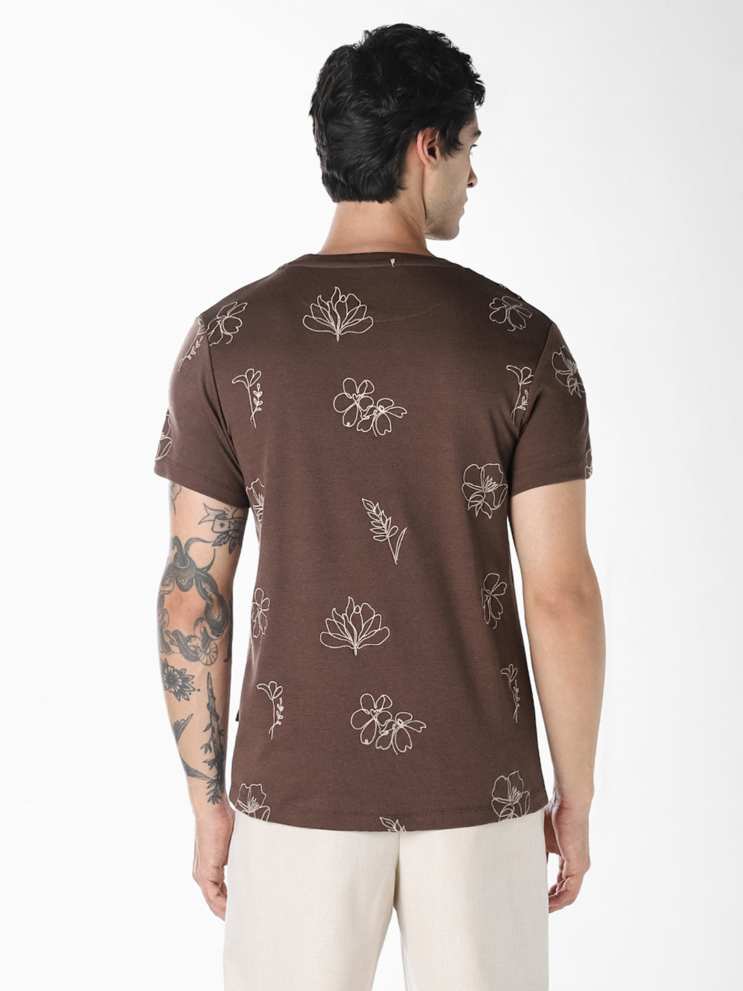 Brown Embroidered Cotton T-shirt