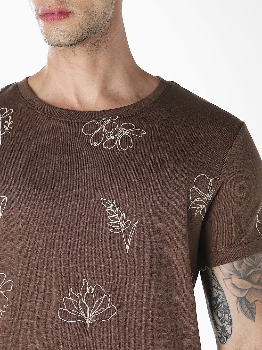 Brown Embroidered Cotton T-shirt