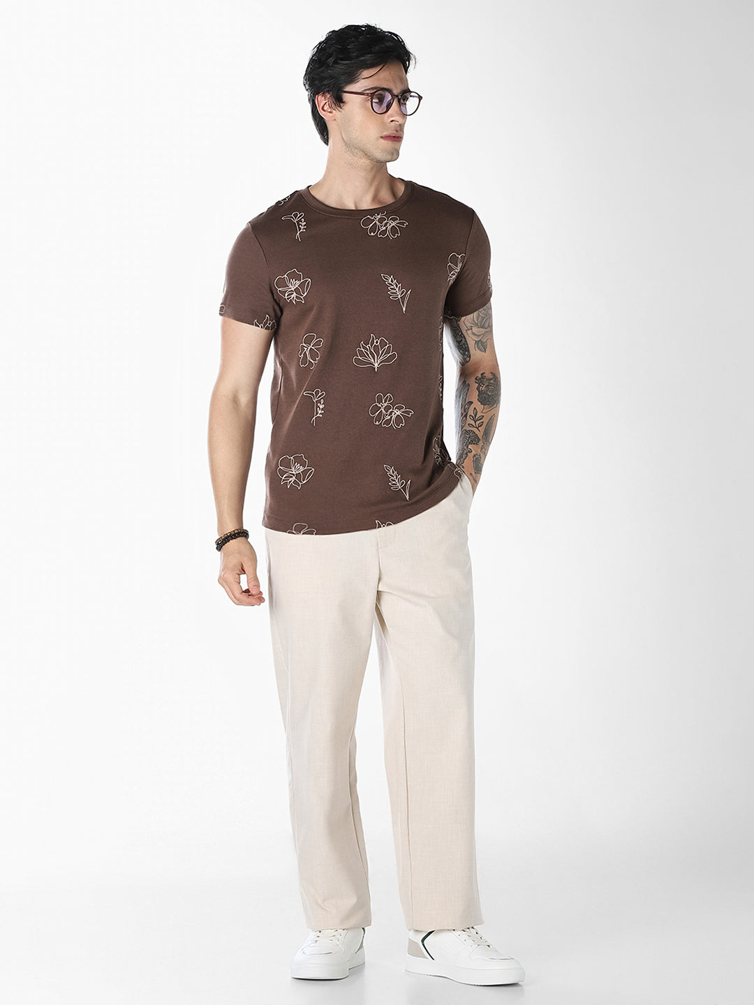 Brown Embroidered Cotton T-shirt