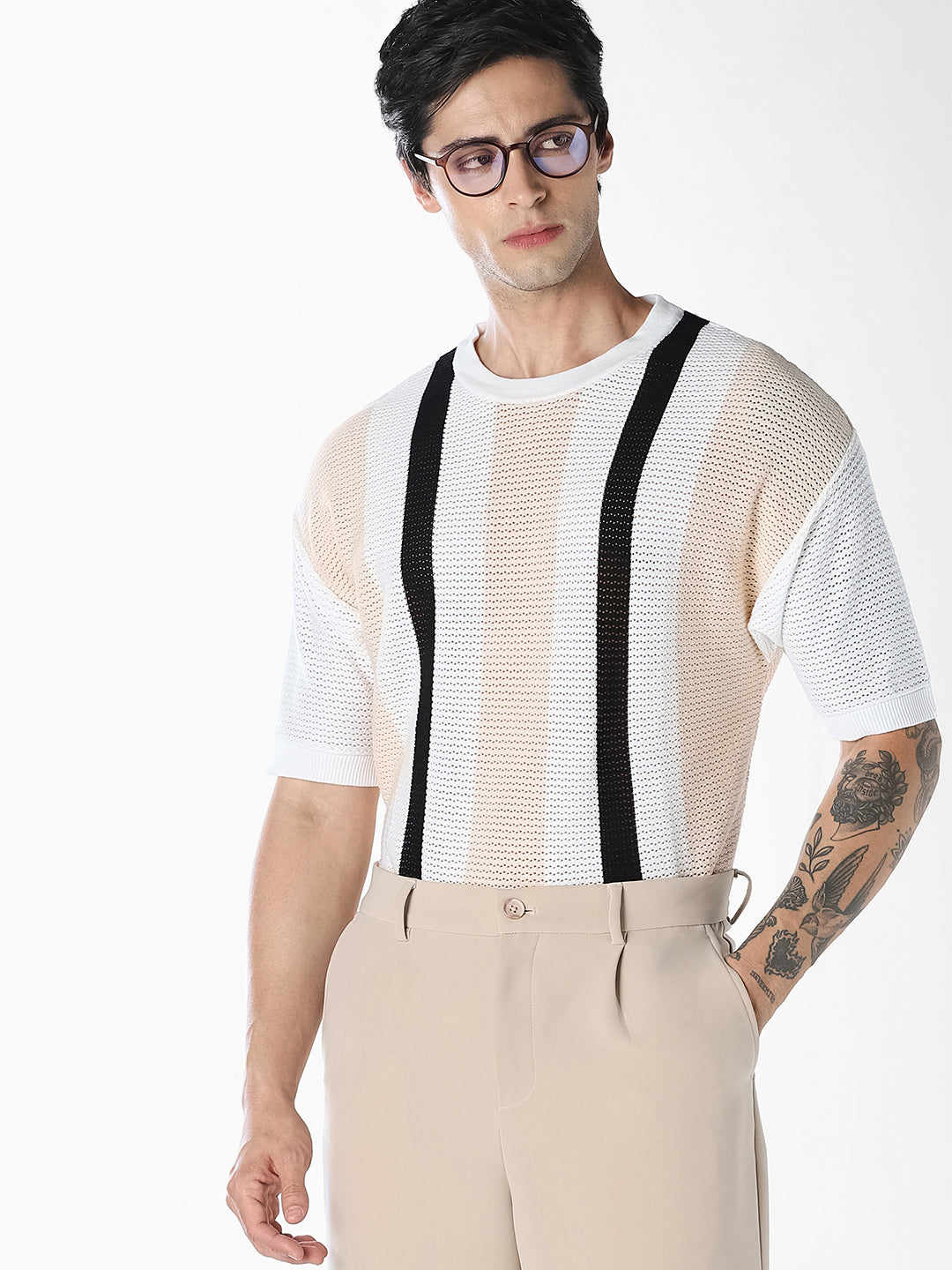 Striped Crew Neck Knitted T-shirt - S