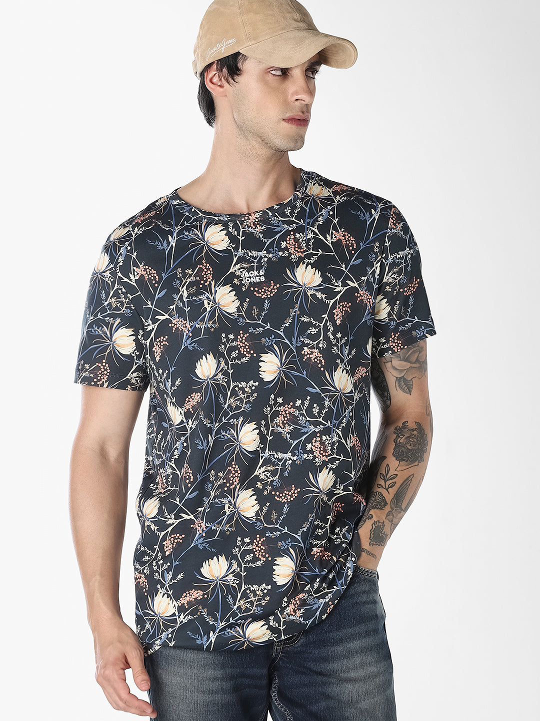 Black Printed Cotton T-shirt - L