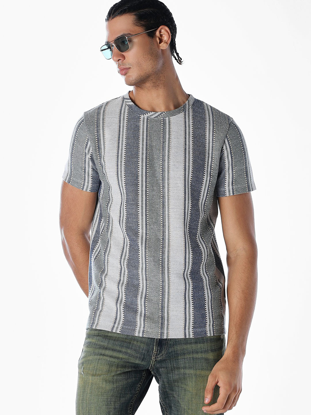 Striped Jacquard Knit T-shirt - M