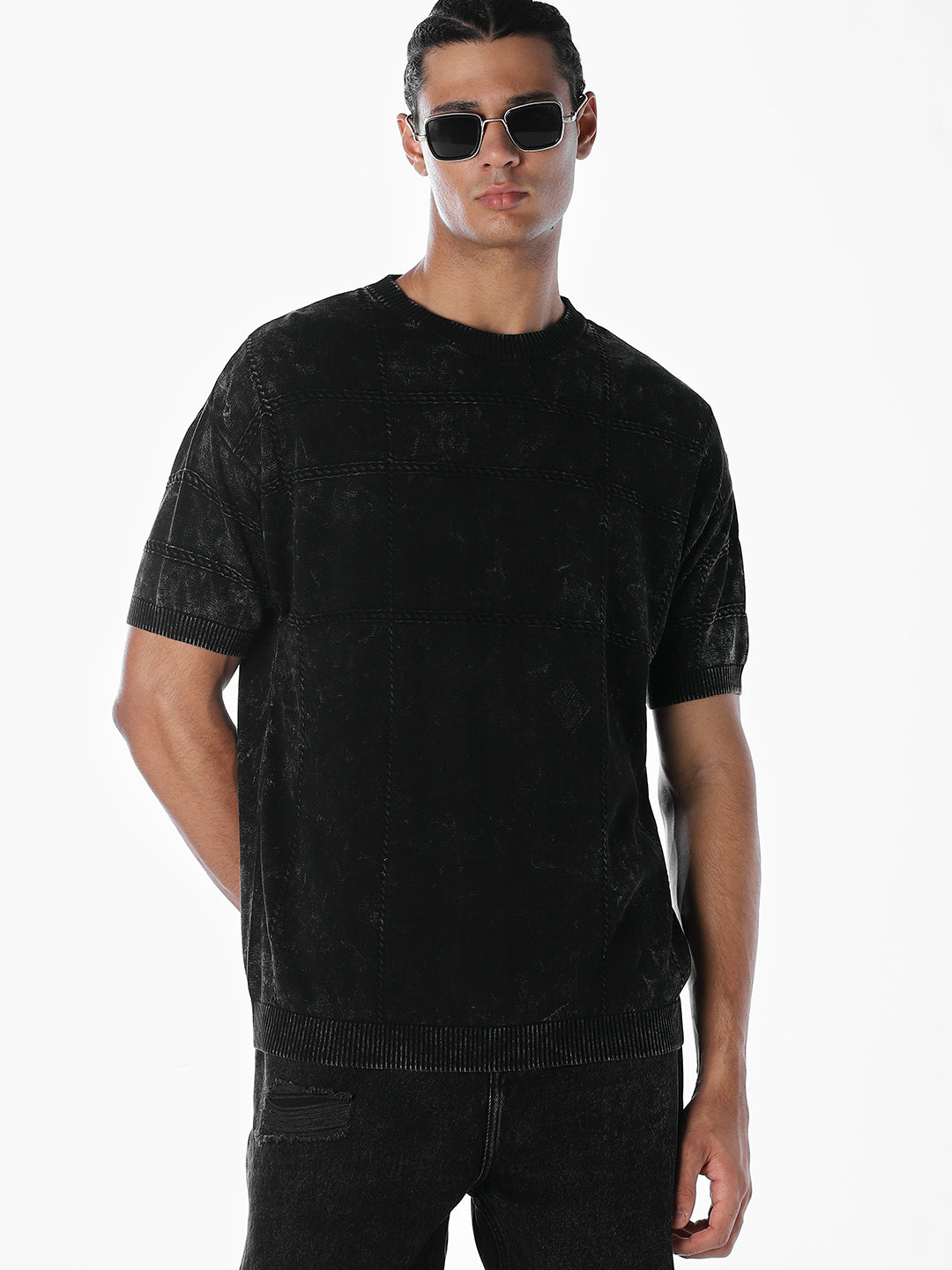 Acid Wash Knit Crew Neck T-shirt - S