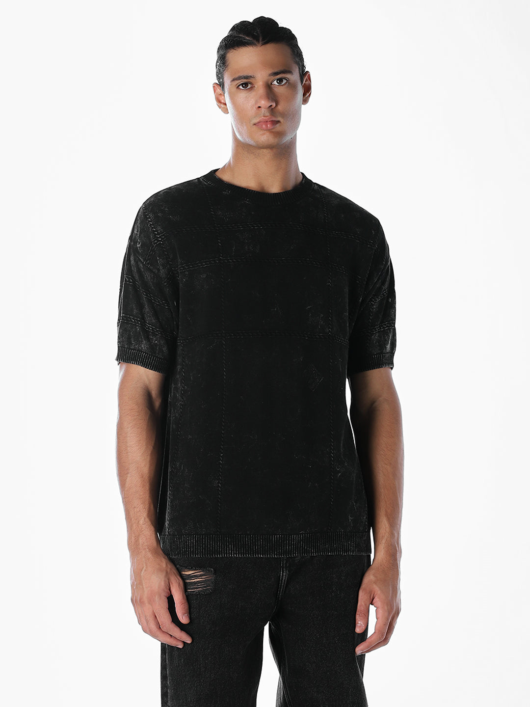 Acid Wash Knit Crew Neck T-shirt