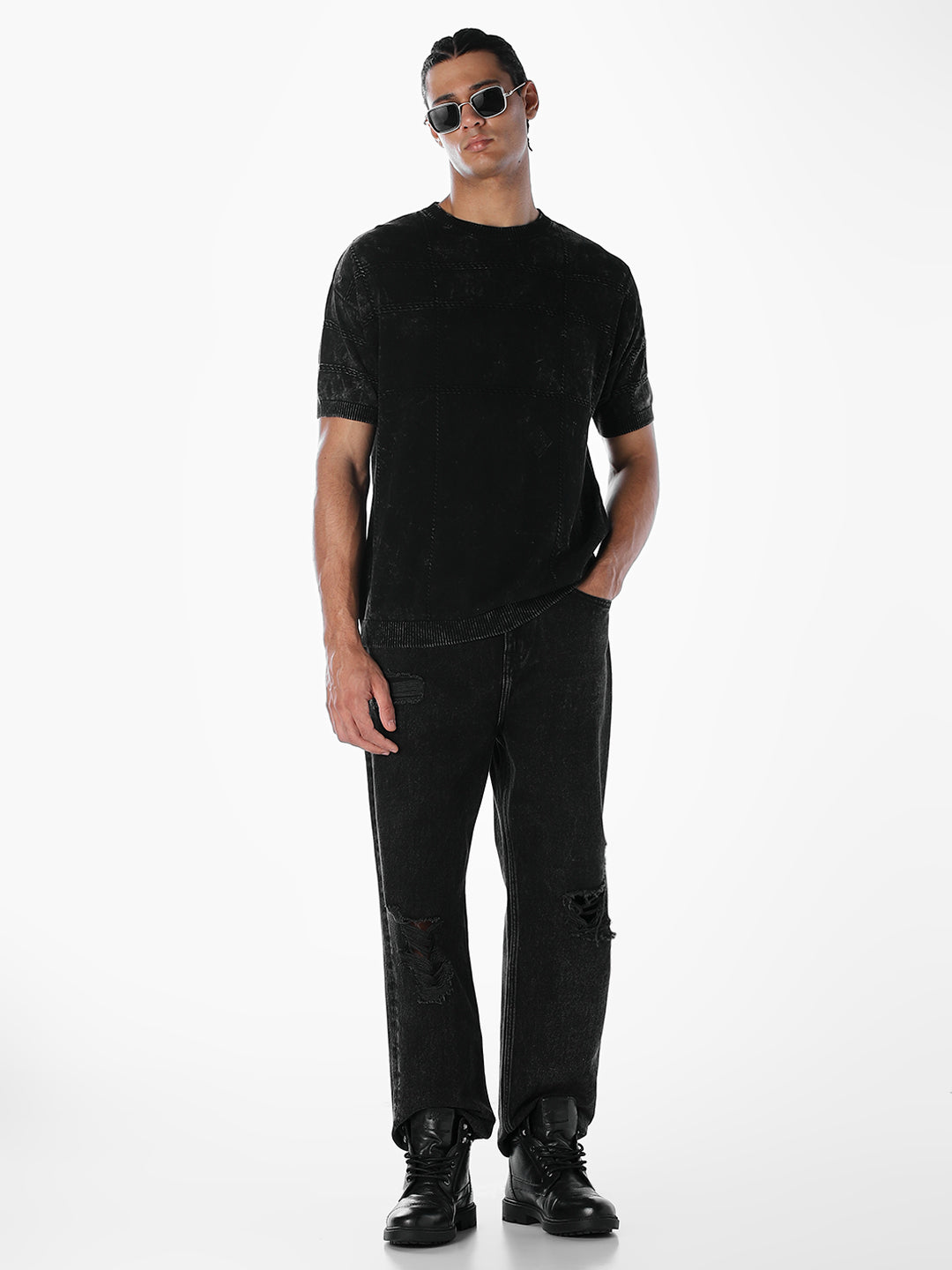 Acid Wash Knit Crew Neck T-shirt