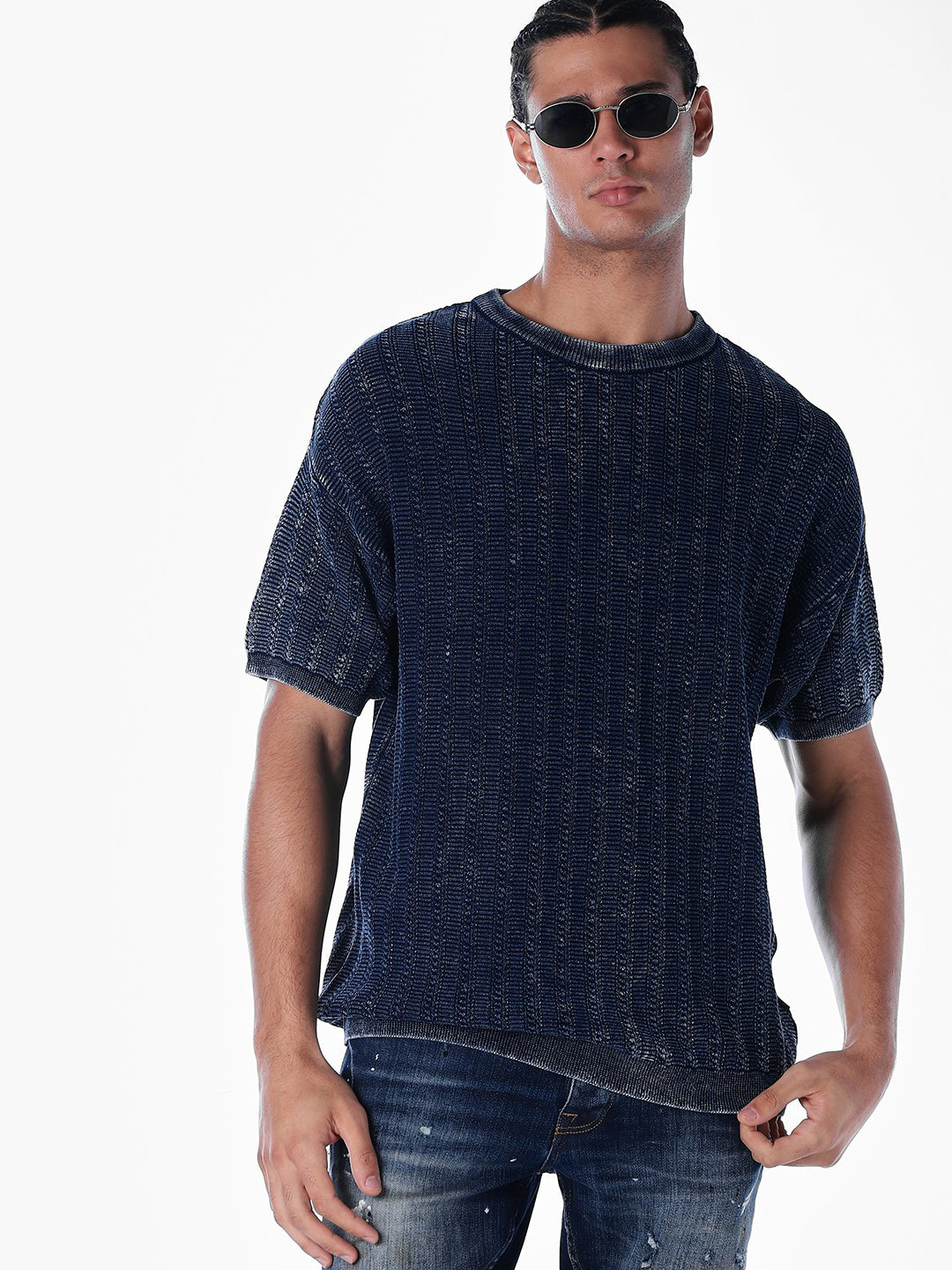 Acid Wash Knit Crew Neck T-shirt - Blue - L