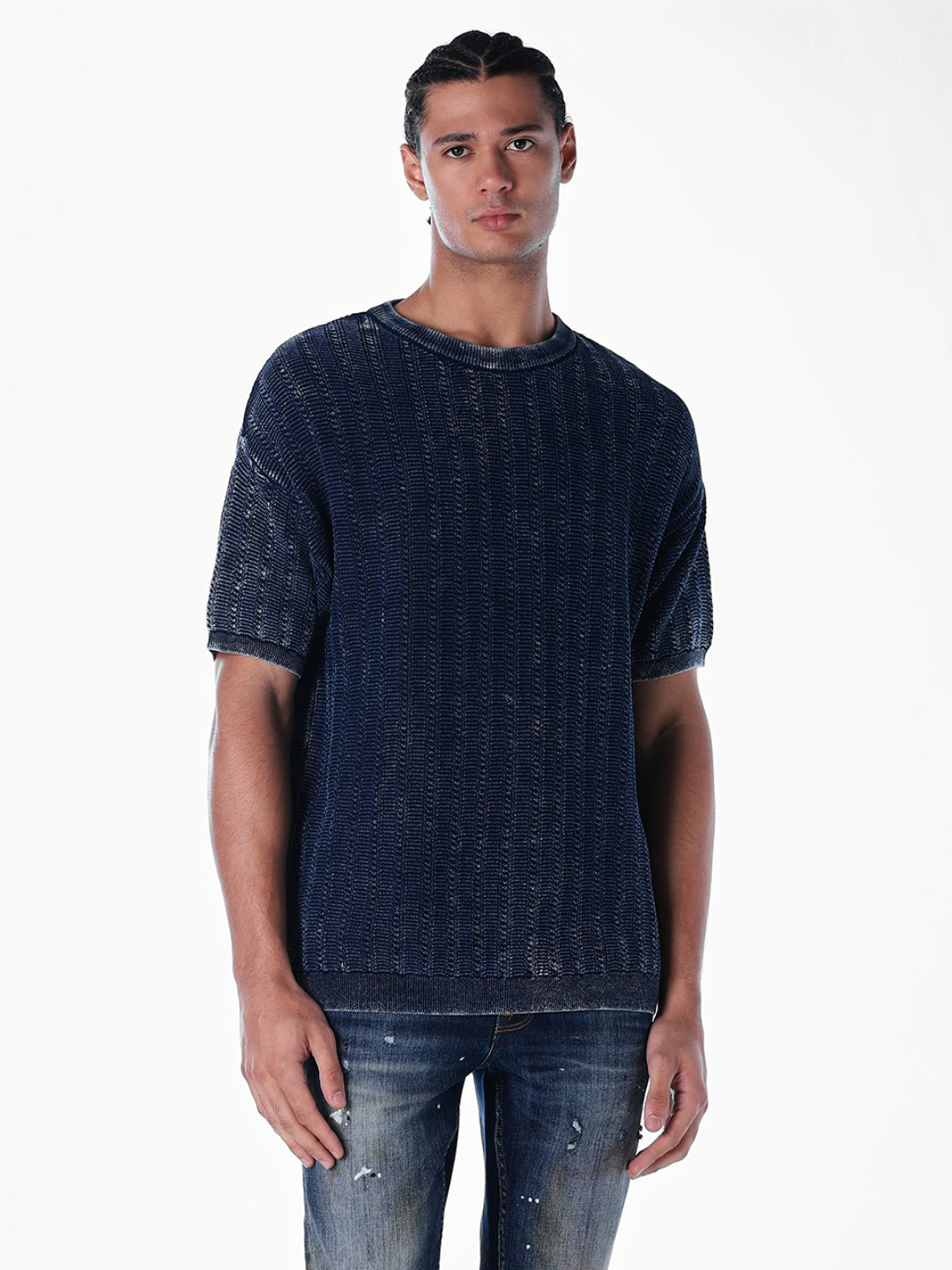 Acid Wash Knit Crew Neck T-shirt - Blue