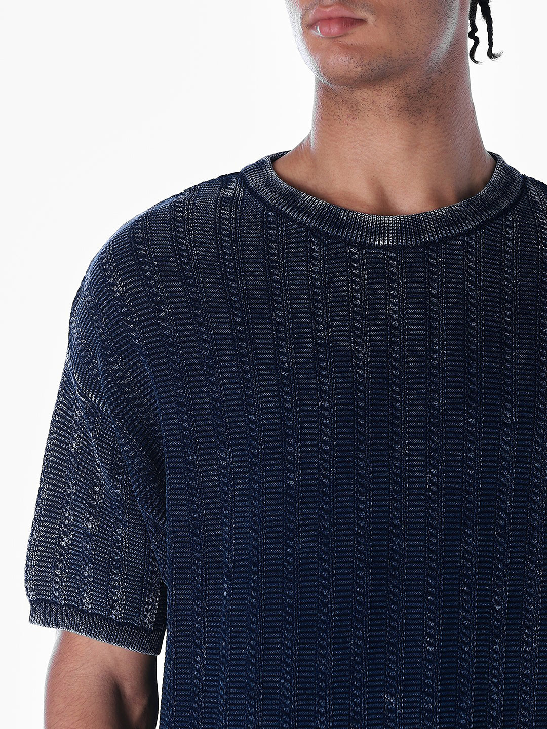 Acid Wash Knit Crew Neck T-shirt - Blue