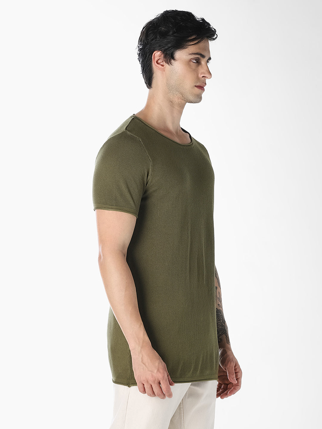 Dark Green Knitted Crew Neck T-shirt
