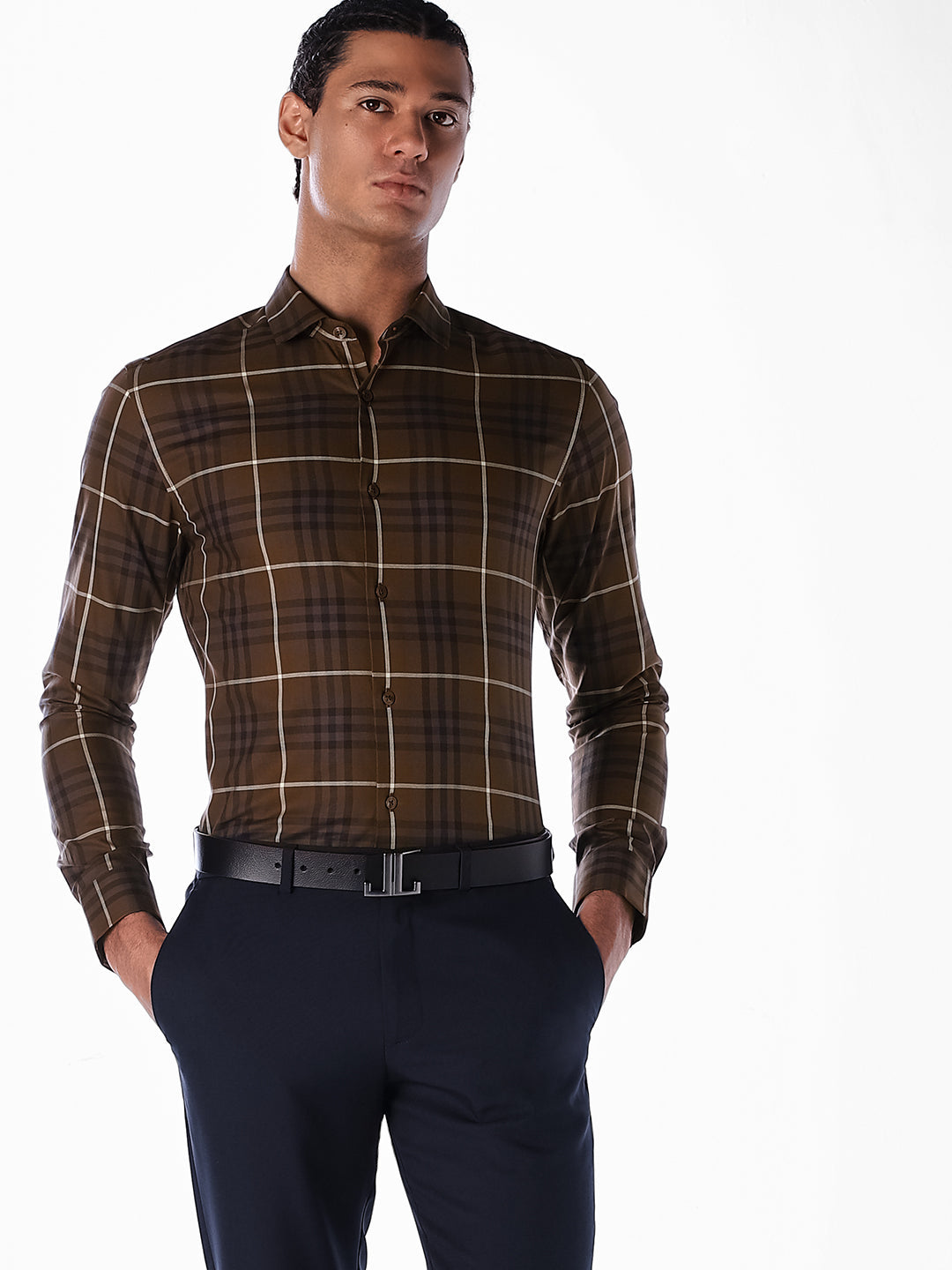 Brown Check Cotton Shirt - M