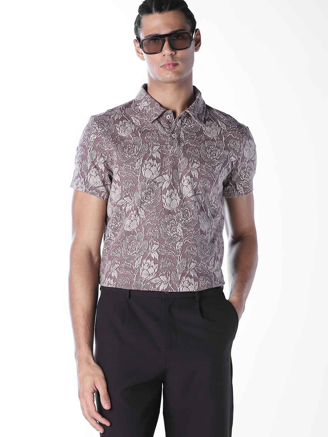 Cut & Sew Printed Cotton Polo - M