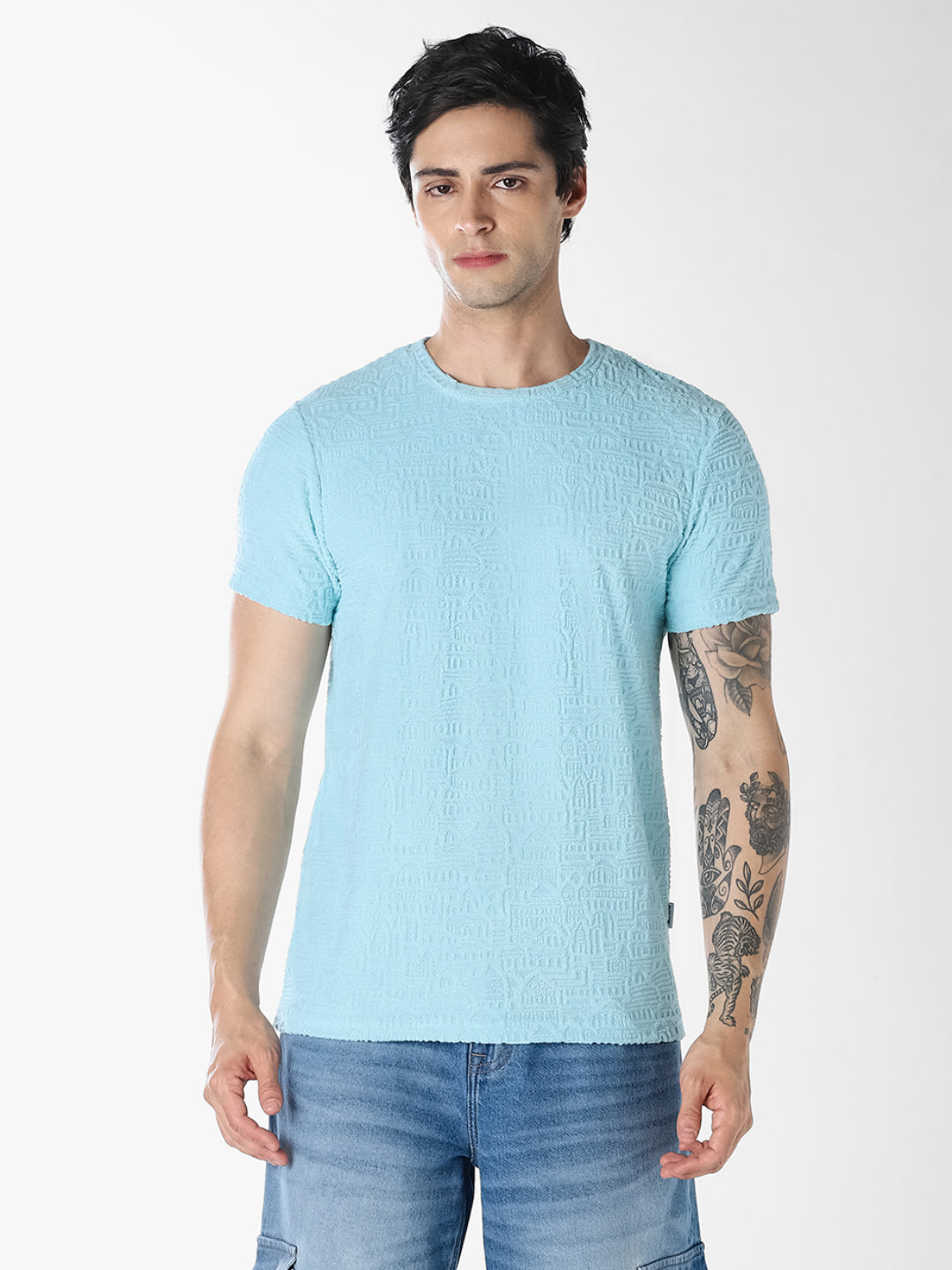 Light Blue Textured Cotton T-shirt