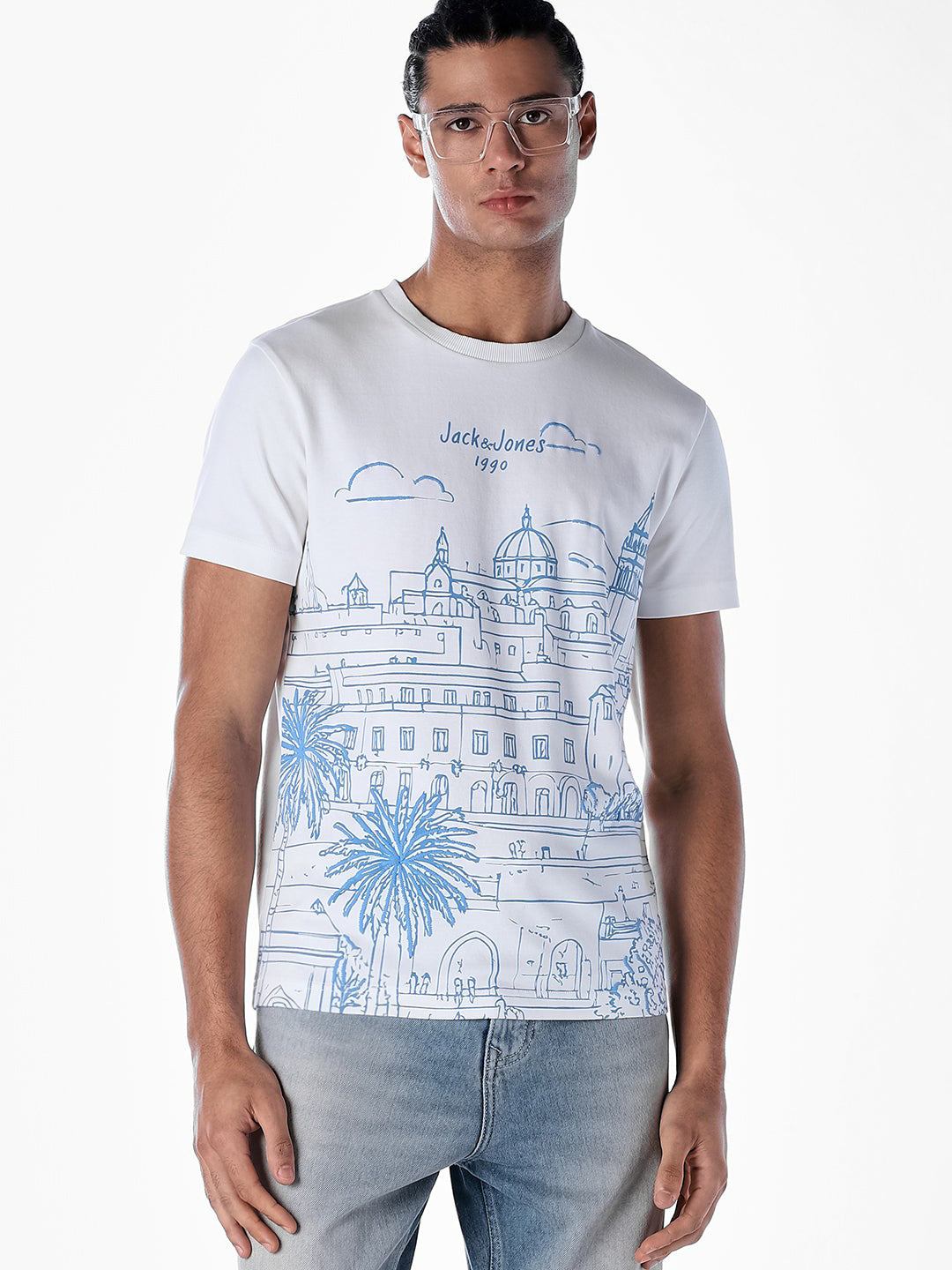 White Printed Cotton T-shirt - M