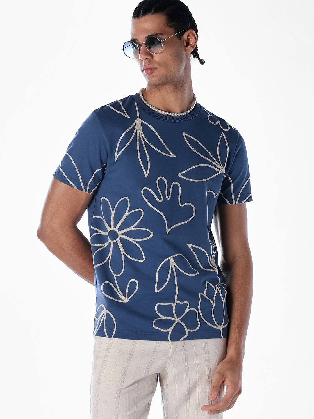 Dark Blue Printed Cotton T-shirt - M