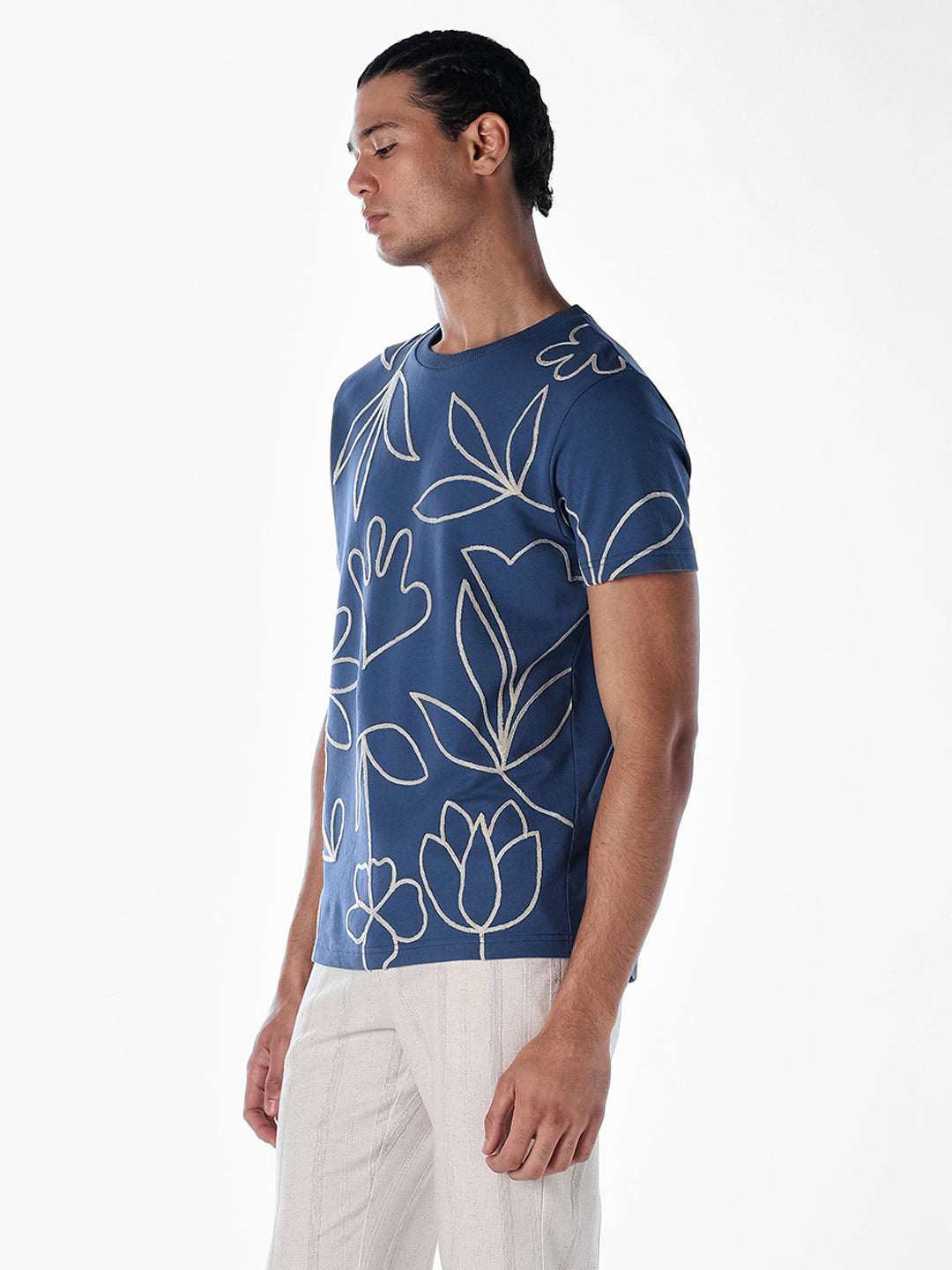 Dark Blue Printed Cotton T-shirt