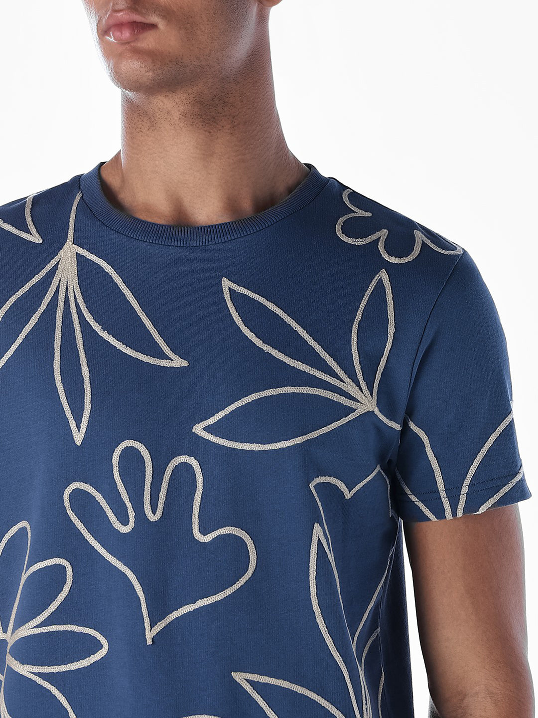 Dark Blue Printed Cotton T-shirt