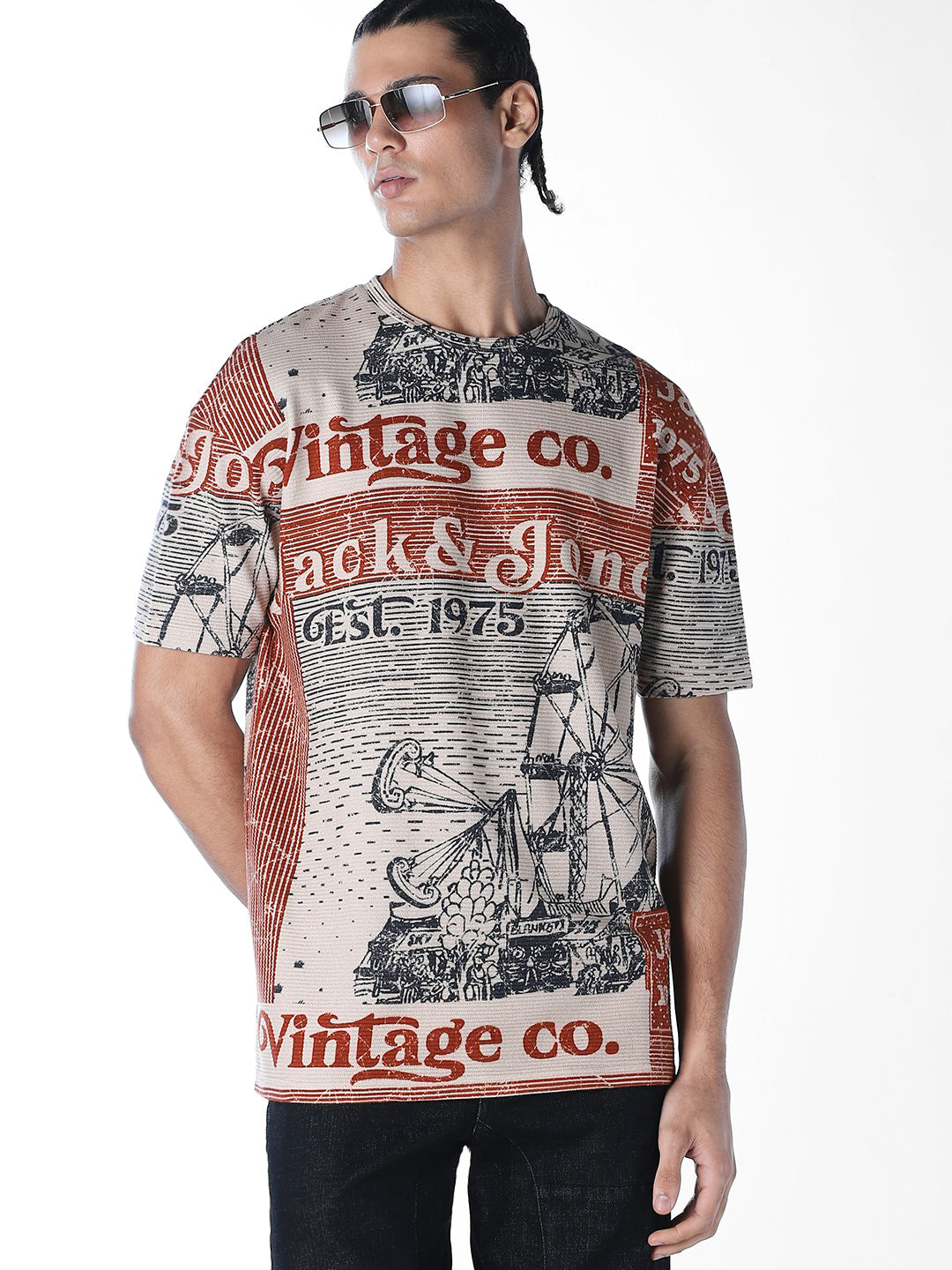 Beige Printed Cotton T-shirt