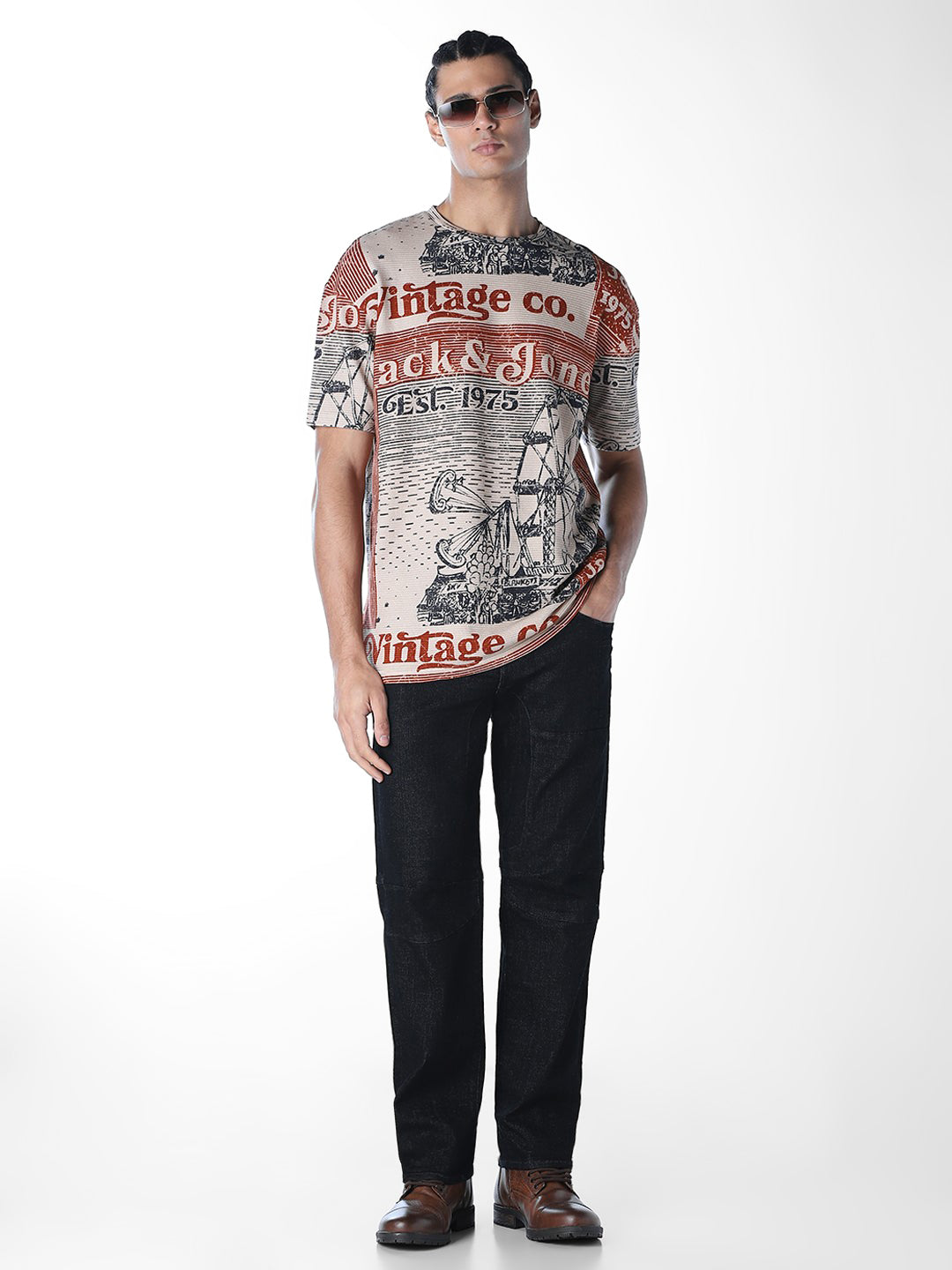 Beige Printed Cotton T-shirt