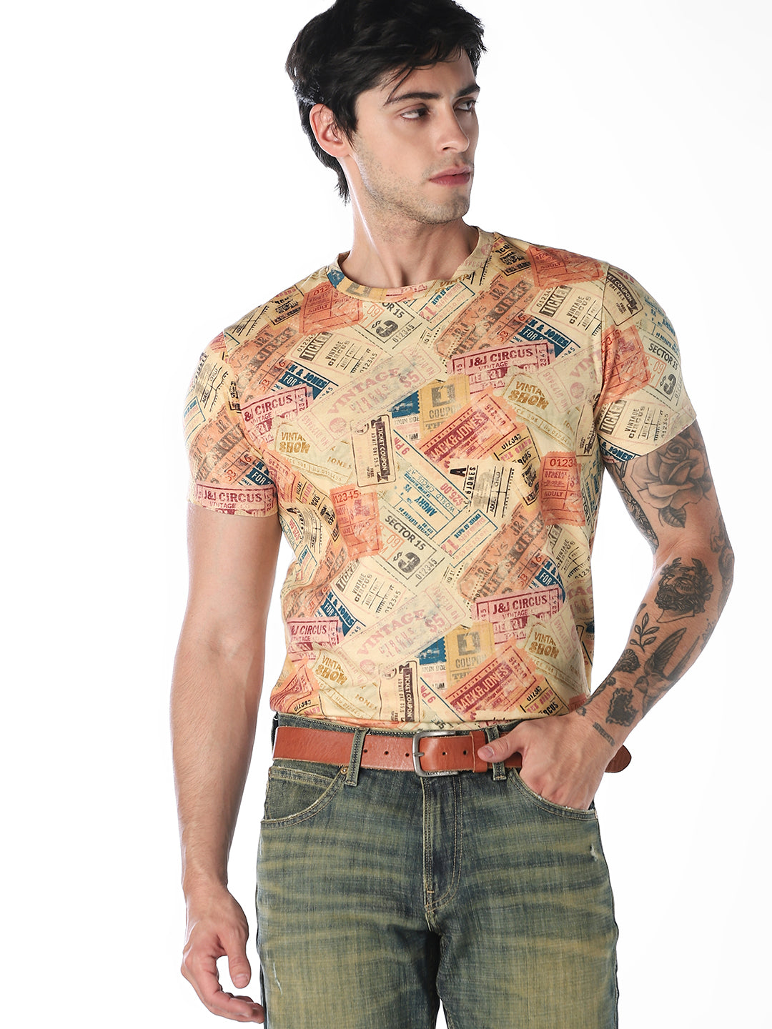 Vintage Ticket Print Cotton T-Shirt - M