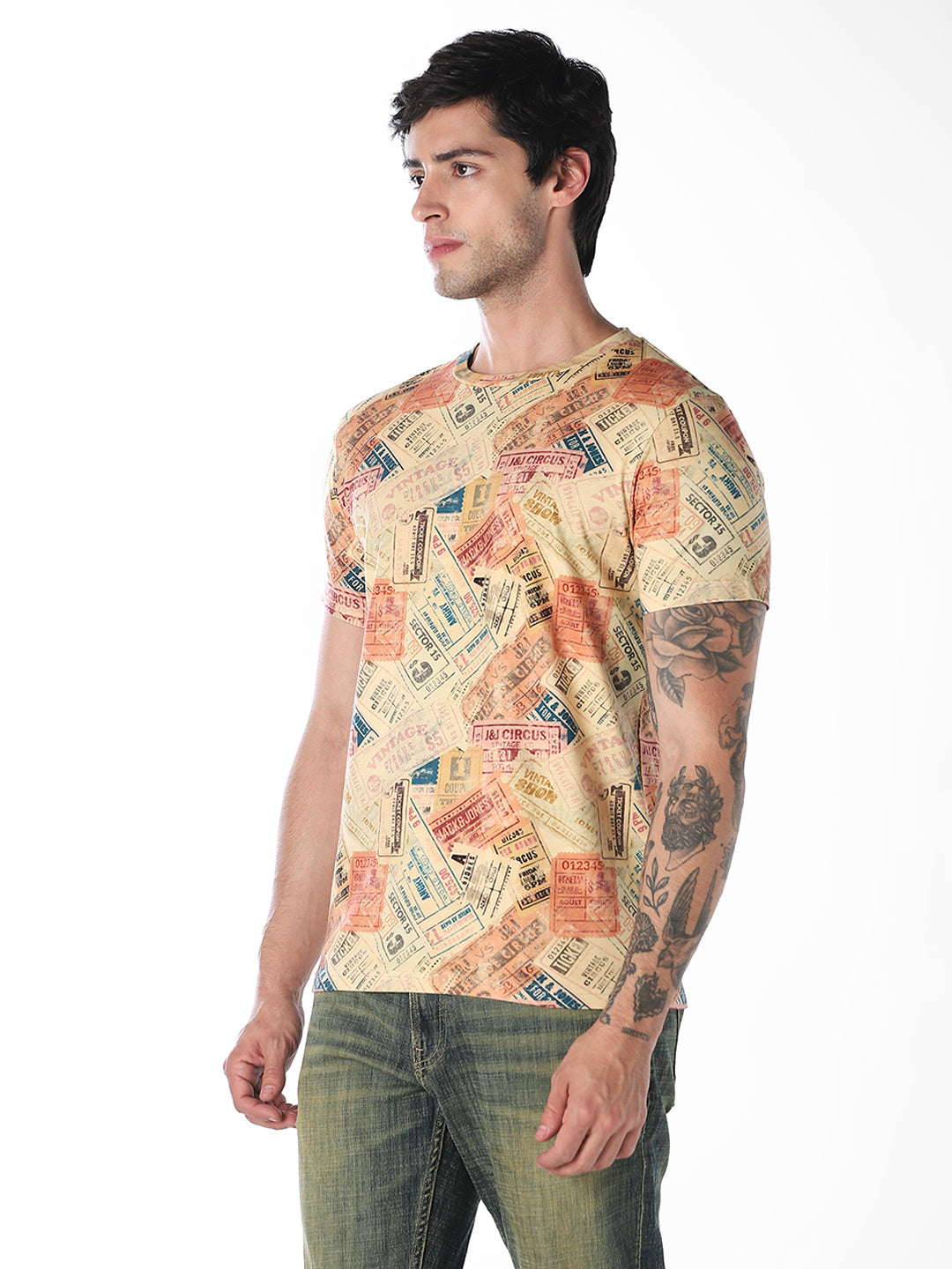 Vintage Ticket Print Cotton T-Shirt