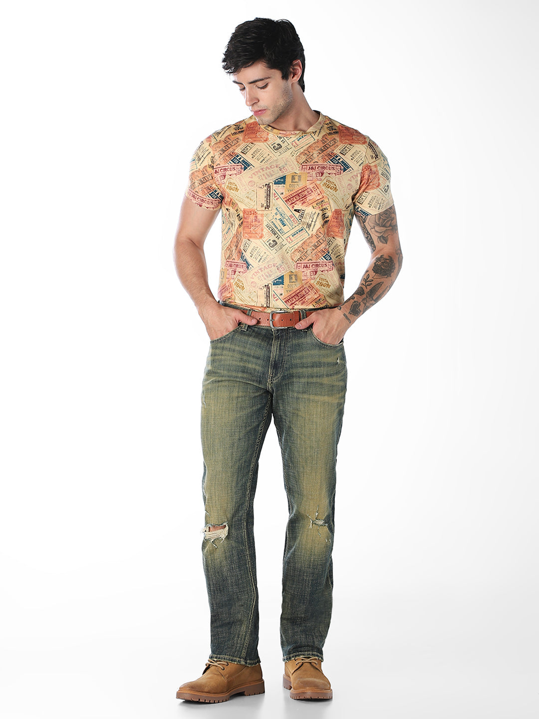 Vintage Ticket Print Cotton T-Shirt