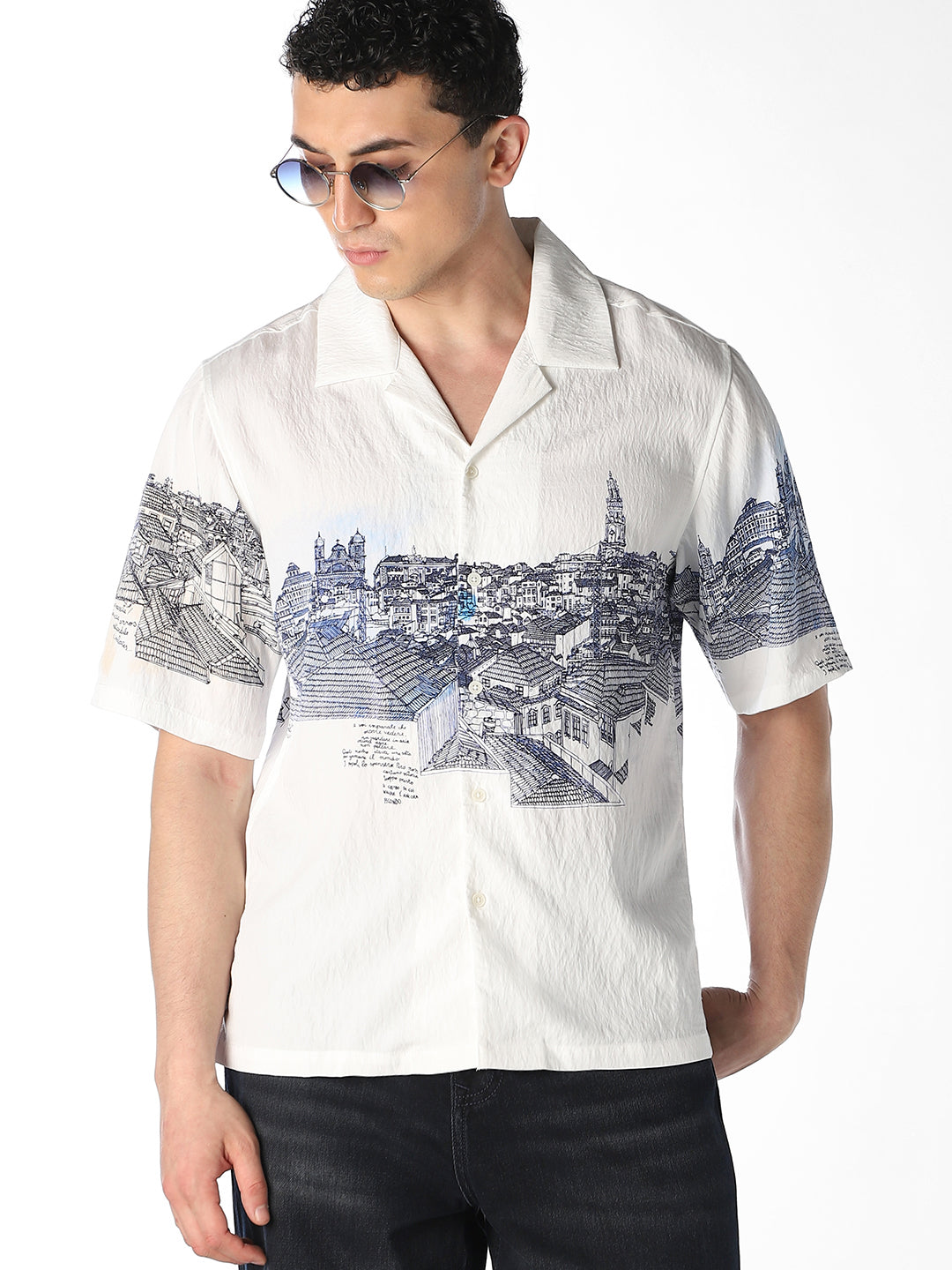 White Printed Comfort Fit Shirt - L