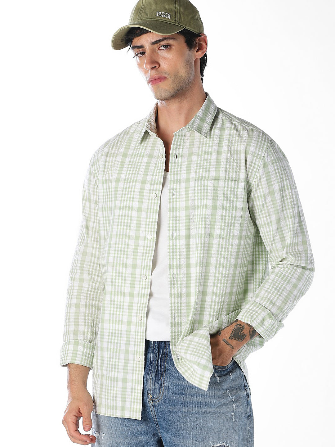Green Striped Cotton Shirt - S