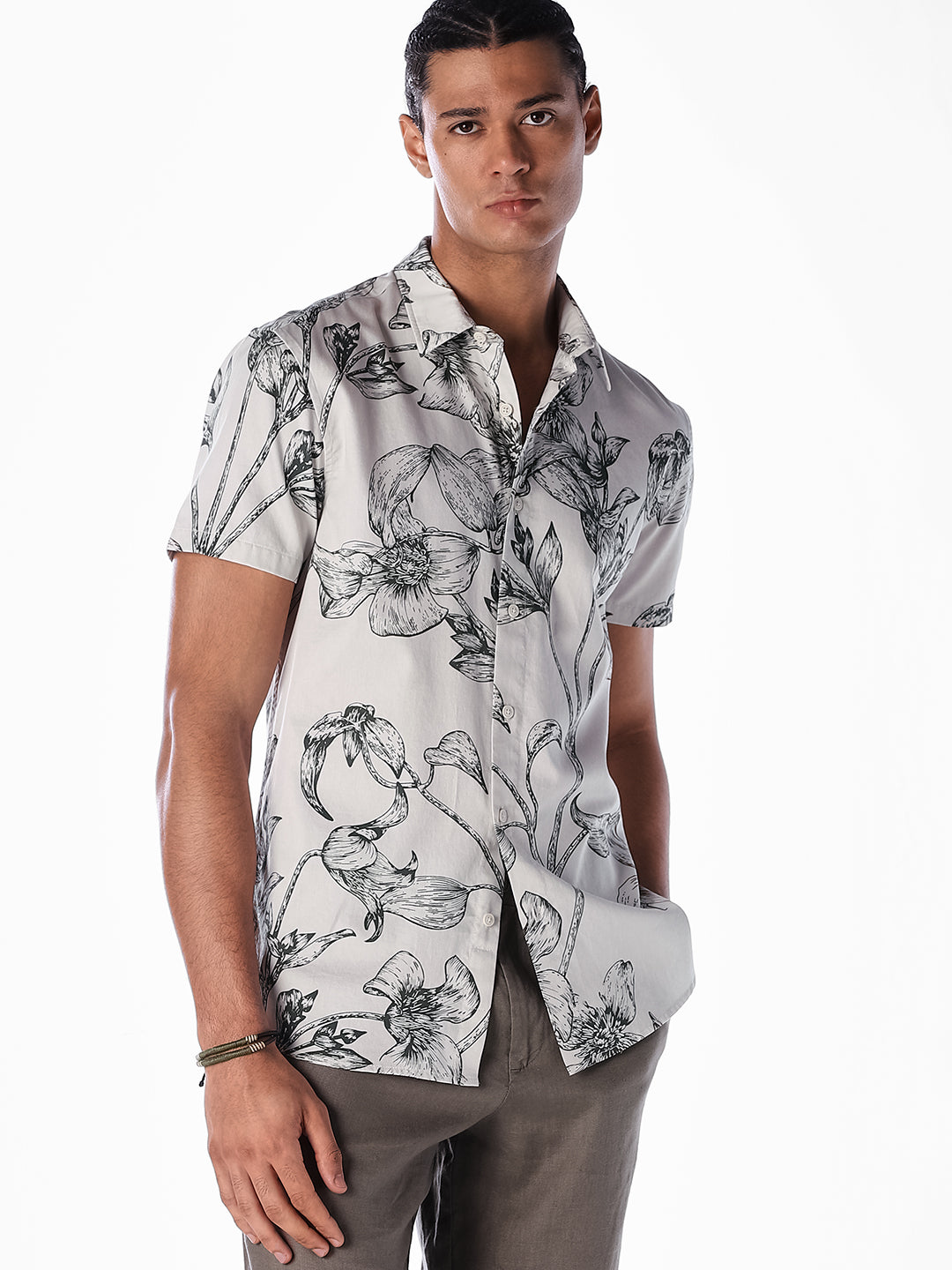 Floral Sketch Print Shirt - Off-White - S