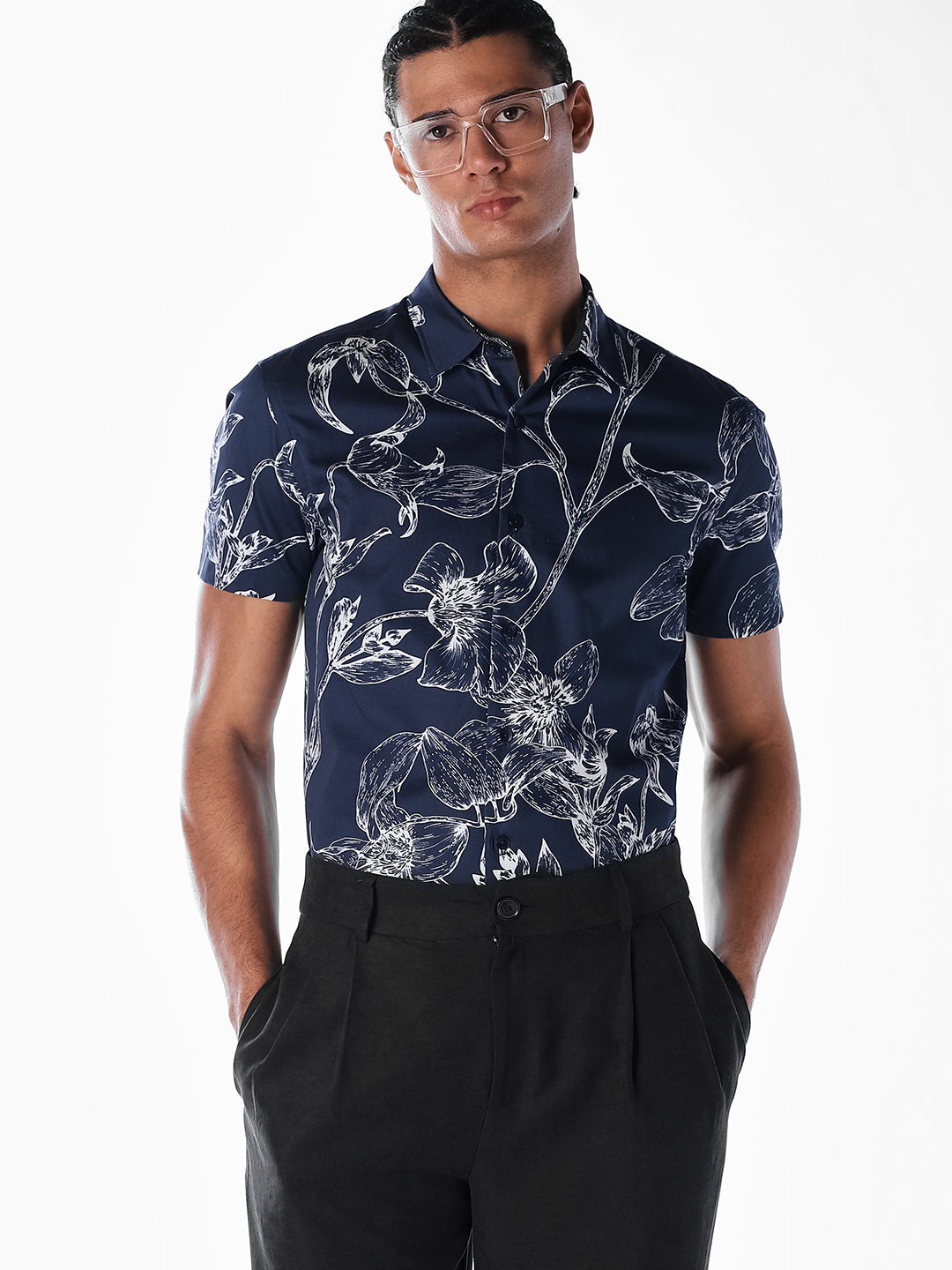 Floral Sketch Print Shirt - Blue - S