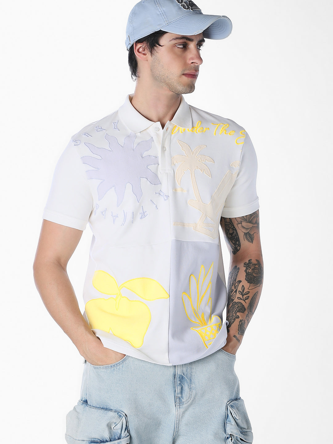 Colourblocked Printed Cotton Polo