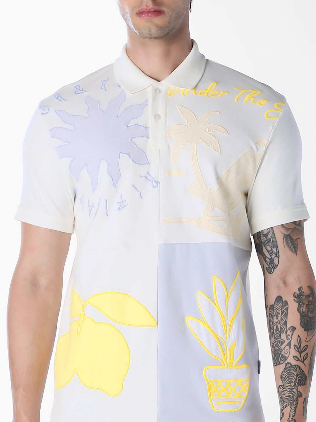 Colourblocked Printed Cotton Polo