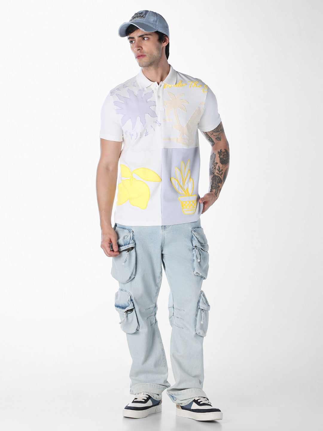 Colourblocked Printed Cotton Polo