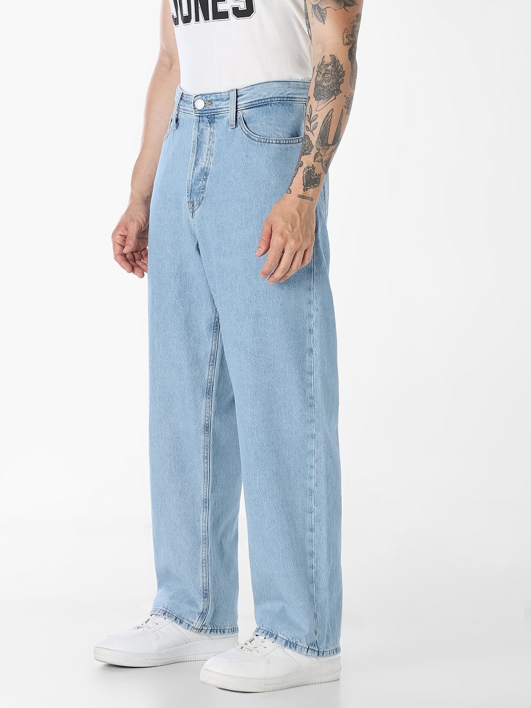 Men's Light Blue Loose Fit Low Rise Jeans With Button Fly