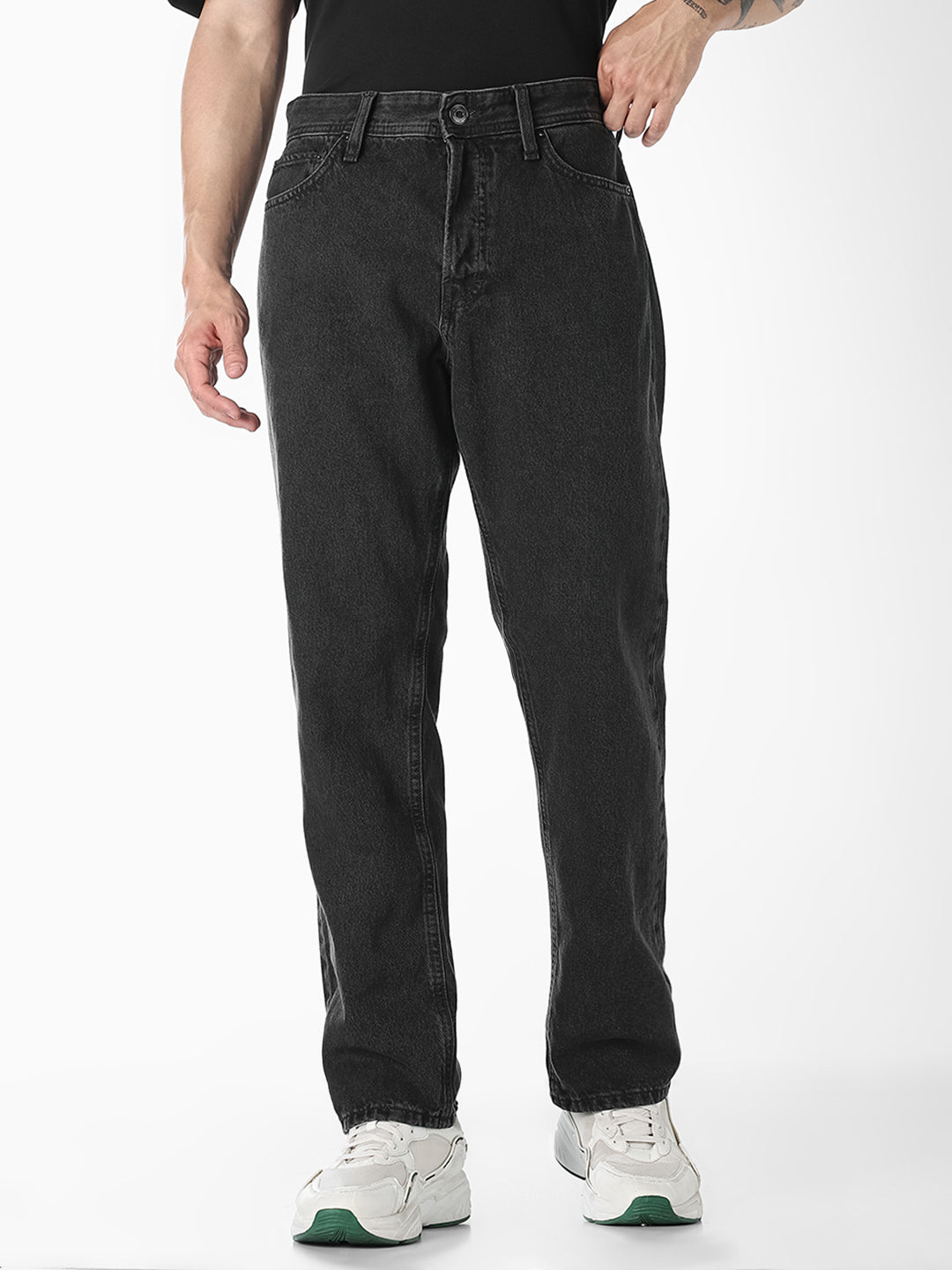 Men's Black Solid Straight Fit Low Rise Jeans - 28/30