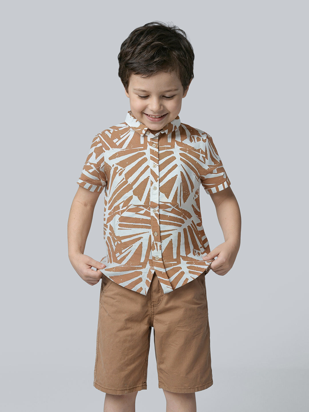 Boys Brown Tropical Print Shirt